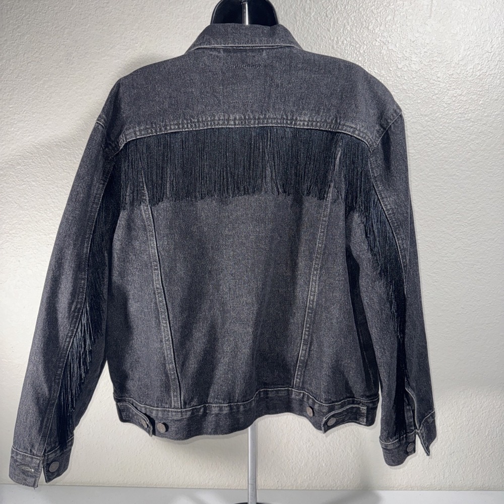 LEVIS Ex Boyfriend Western Fringe Black Denim Jean Trucker Jacket Size Large L
